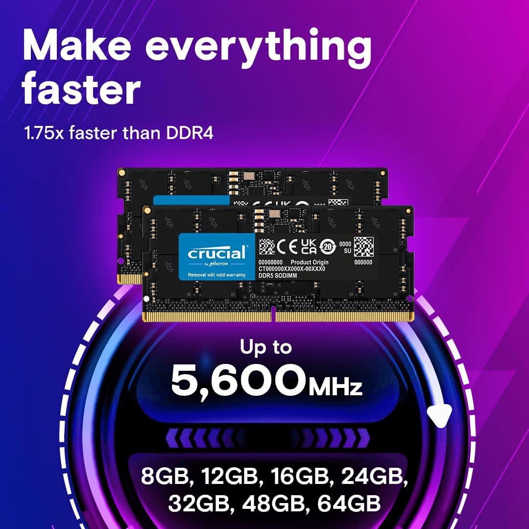 Crucial 32GB DDR5-5600 MHz SODIMM Laptop Memory, CL46 CAS Latency, 46-45-45 Extended Timings, 1.1V Operating Voltage, Unbuffered, 262 Pin, Black | CT32G56C46S5