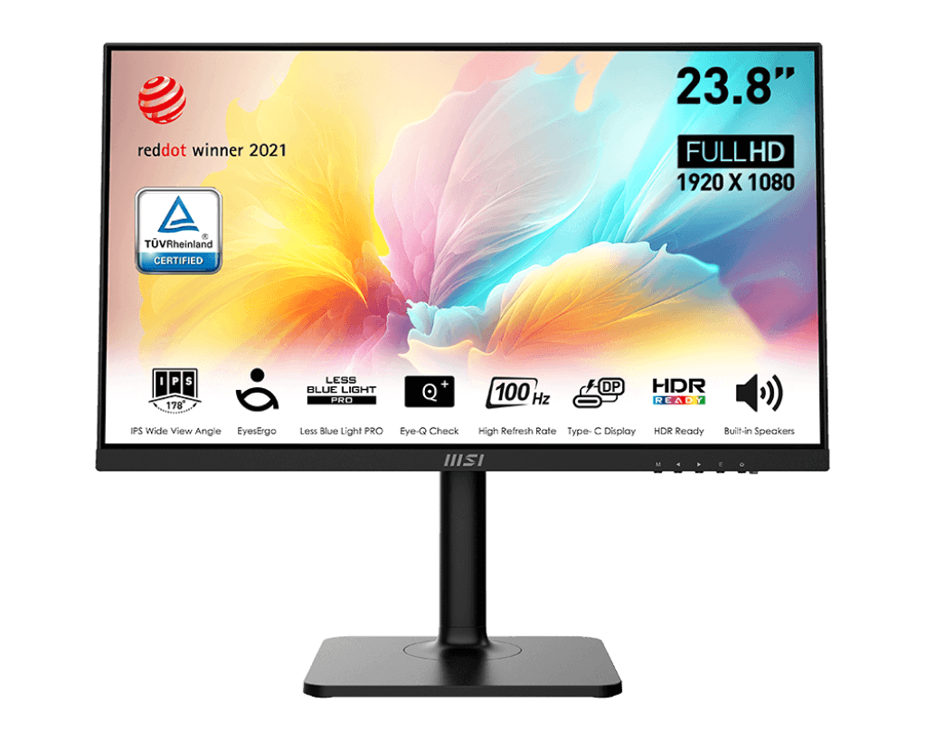 MSI Modern MD2412P 24 Inch Business Productivity Monitor, 1920 x 1080 (FHD) IPS, 100Hz Refresh Rate, 1ms (MPRT) Response Time, Adaptive-Sync Support, Built-In Speaker, 4 ways Adjustable Stand, Black | 9S6-3PA59H-076